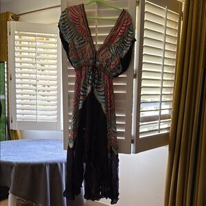 FARM Rio Black Backless Monarch Maxi Dress with Pink, Teal & Gold Print